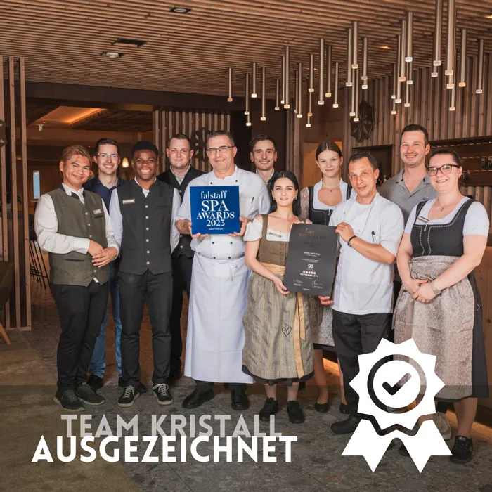 Hotel Kristall team celebrating Falstaff Spa Awards 2023 recognition