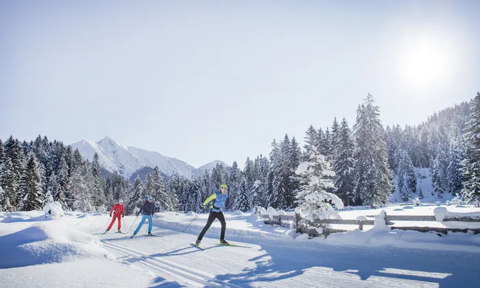 Three people cross-country skiing on a snowy trail surrounded by alpine mountains and pine trees