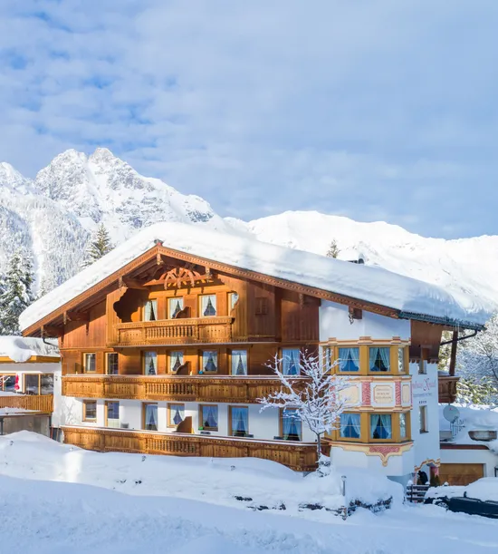Alpine chalet hotel surrounded by snow-covered trees and mountains in winter