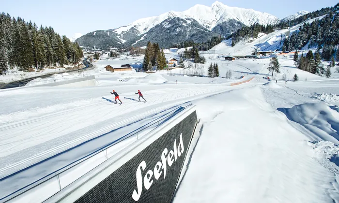 Langläufer auf verschneiten Loipen in Seefeld vor alpiner Bergkulisse