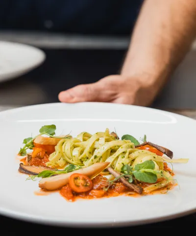 Gourmet-Pastagericht mit Tomatensoße, Gemüse und Kräutern auf einem weißen Teller