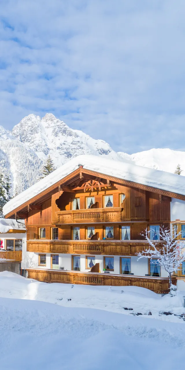 Alpenchalet-Hotel umgeben von schneebedeckten Bäumen und Bergen im Winter