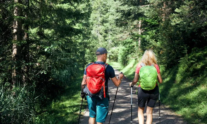 Two hikers with backpacks walking on forest trail using trekking poles