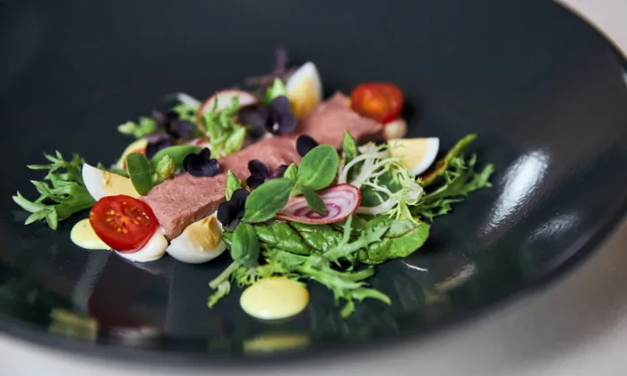 Gourmet tuna salad with mixed greens, cherry tomatoes, egg and microgreens on a black plate