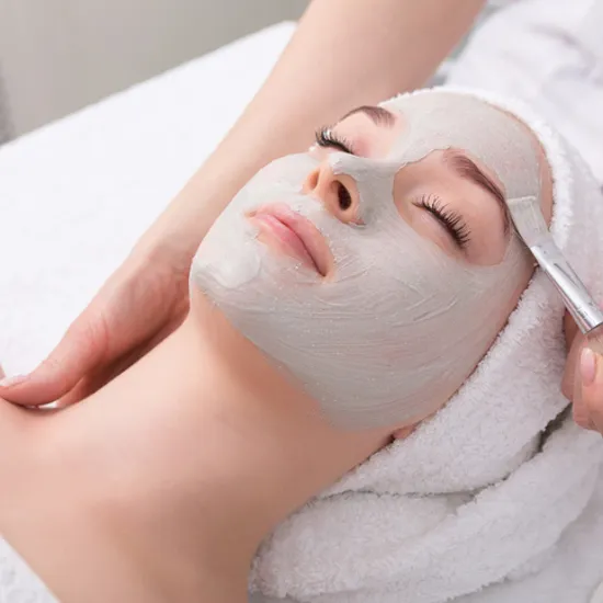 Frau erhält eine Gesichtsbehandlung mit grauer Tonmaske vom Kosmetiker aufgetragen