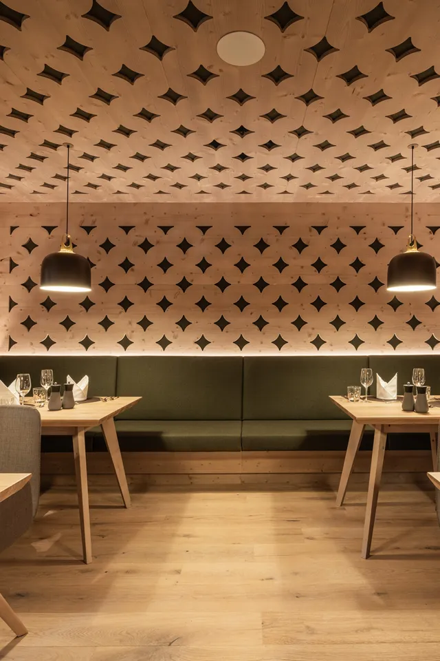 Modernes Restaurant mit Holzeinrichtung, geometrischem Wanddesign und gedeckten Tischen