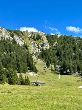 Chairlift ascending grassy alpine slope with rocky peaks and pine forest under blue sky